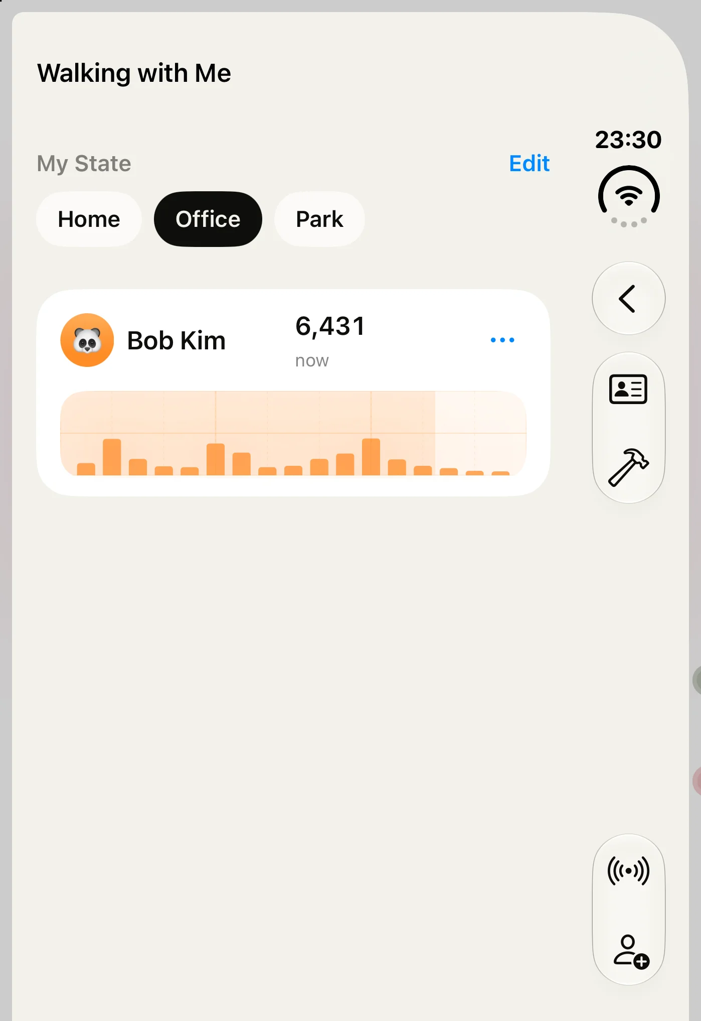 The Walking with Me list: a friend's step count and an hour-by-hour chart of their day, under My State
