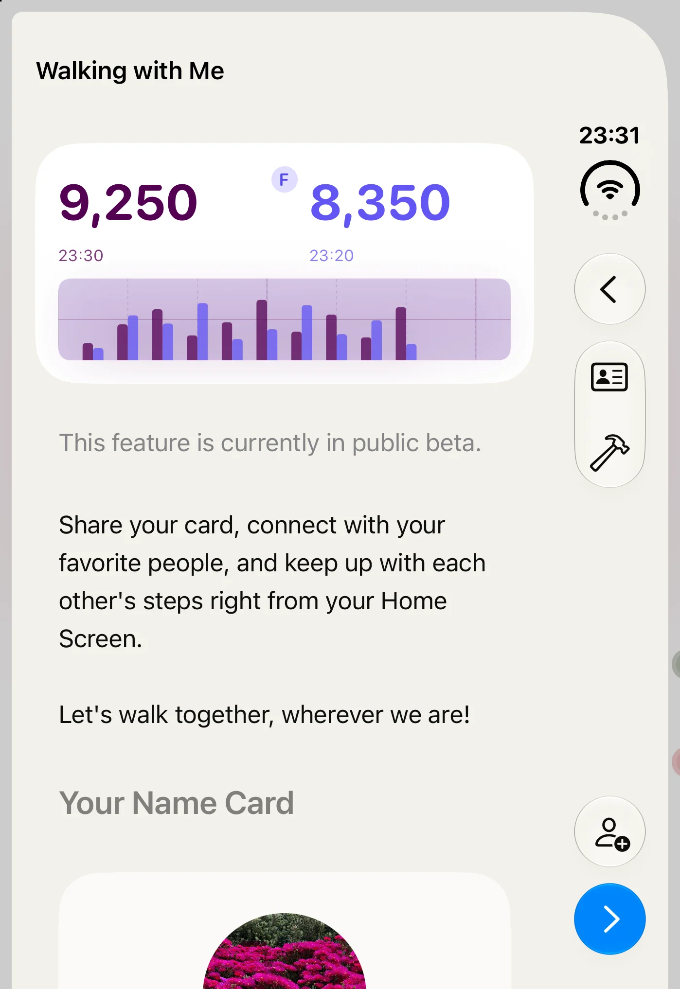 Walking with Me on iPhone Duo: a Side by Side widget comparing two people's days, hour by hour, above Your Name Card