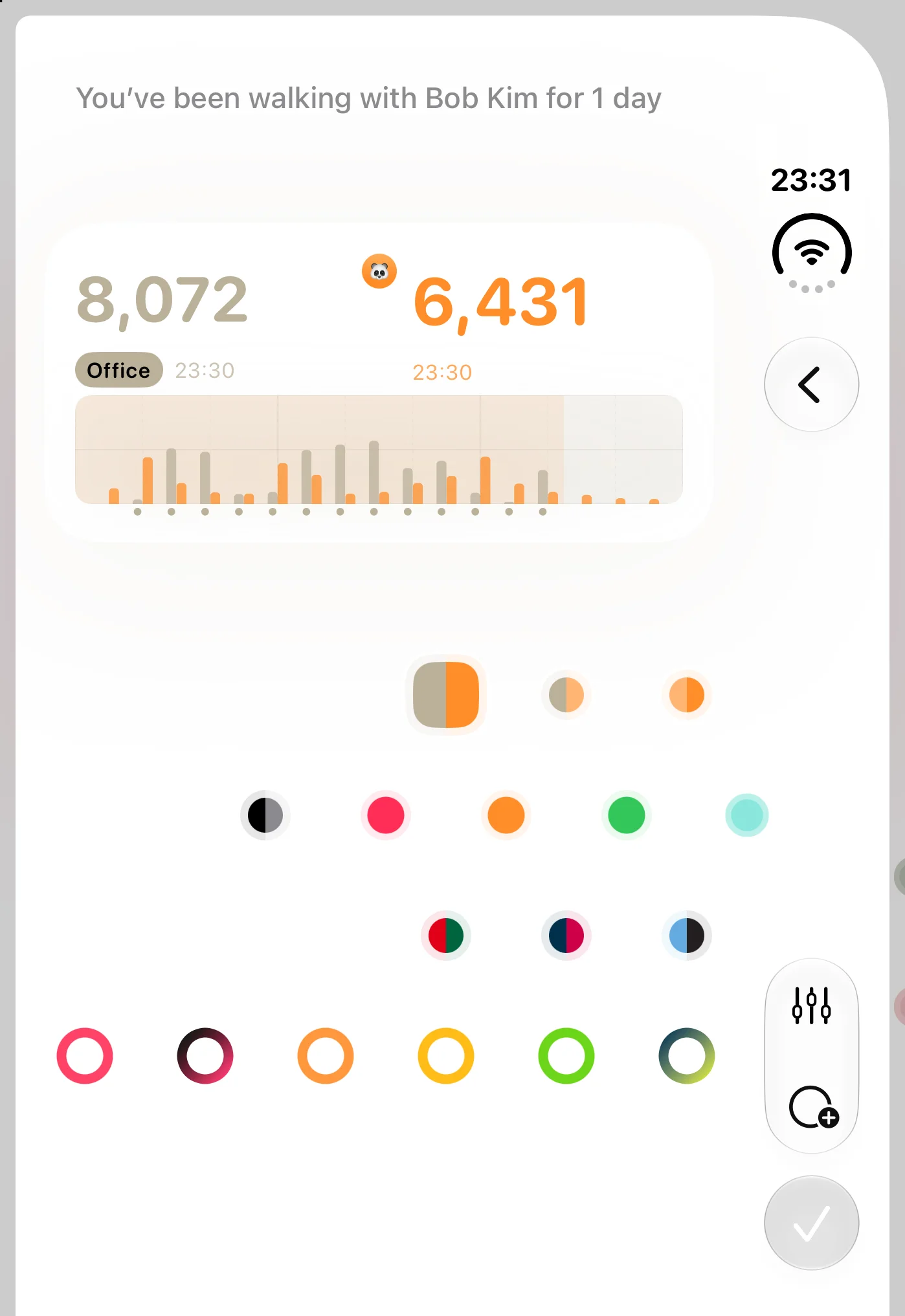 Side by Side widget editor: both step counts and charts in a pair of colours, with palettes to choose from below
