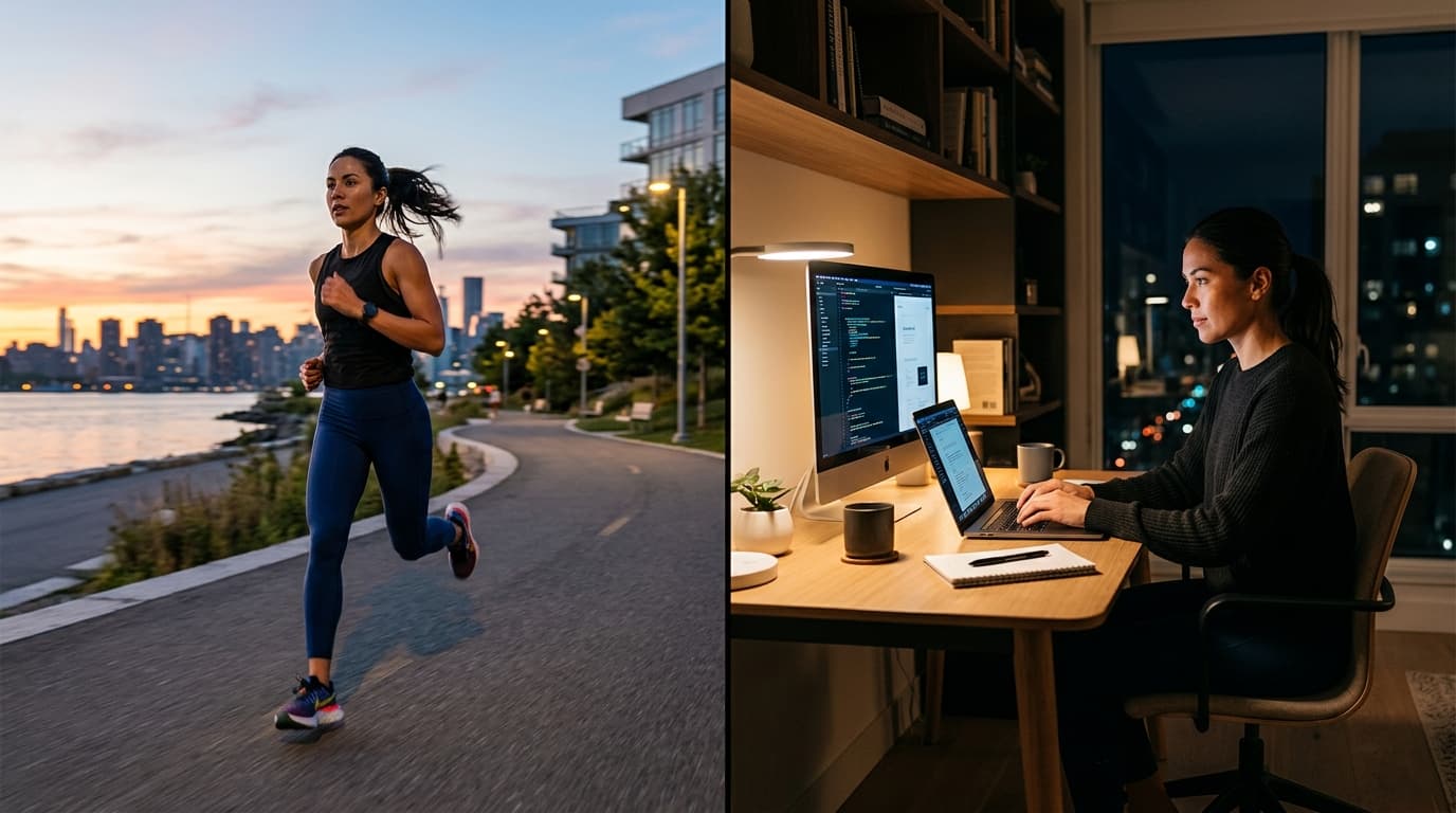 Split view showing a vigorous evening workout alongside a sedentary daytime desk setup