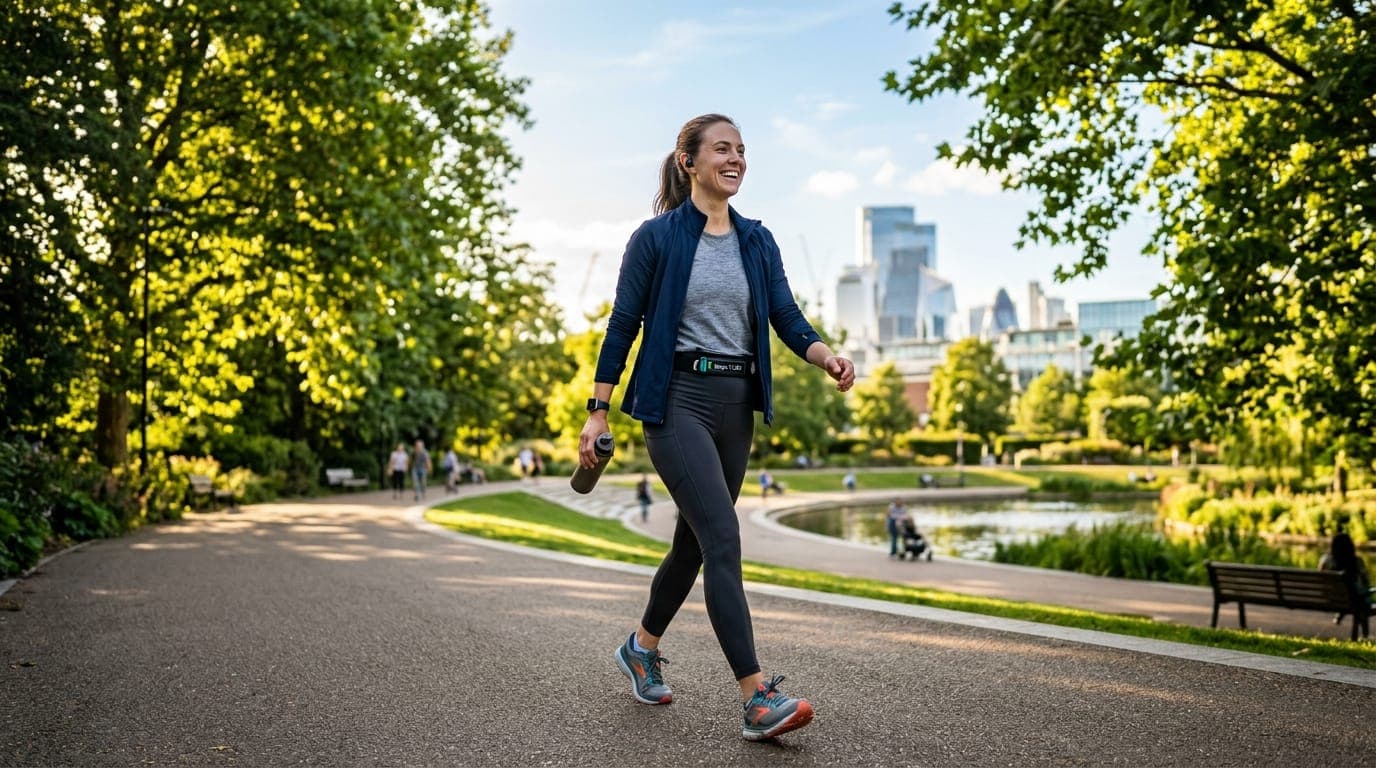 Person walking outdoors along a tree-lined pathway to reach their daily step goal
