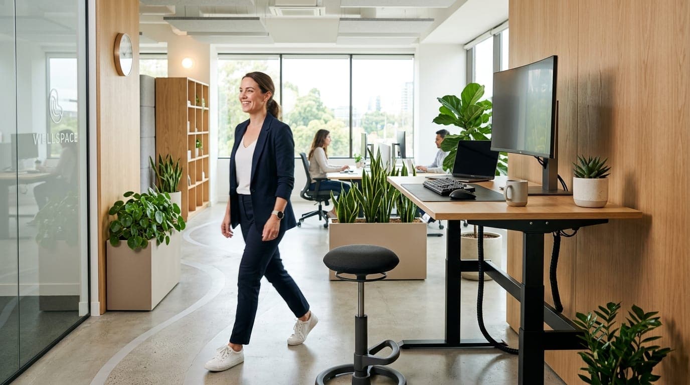 Active professional walking away from an adjustable standing desk setup