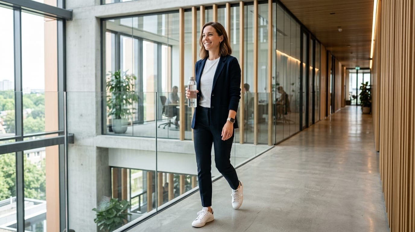 Professional taking a five-minute walking break in an office corridor
