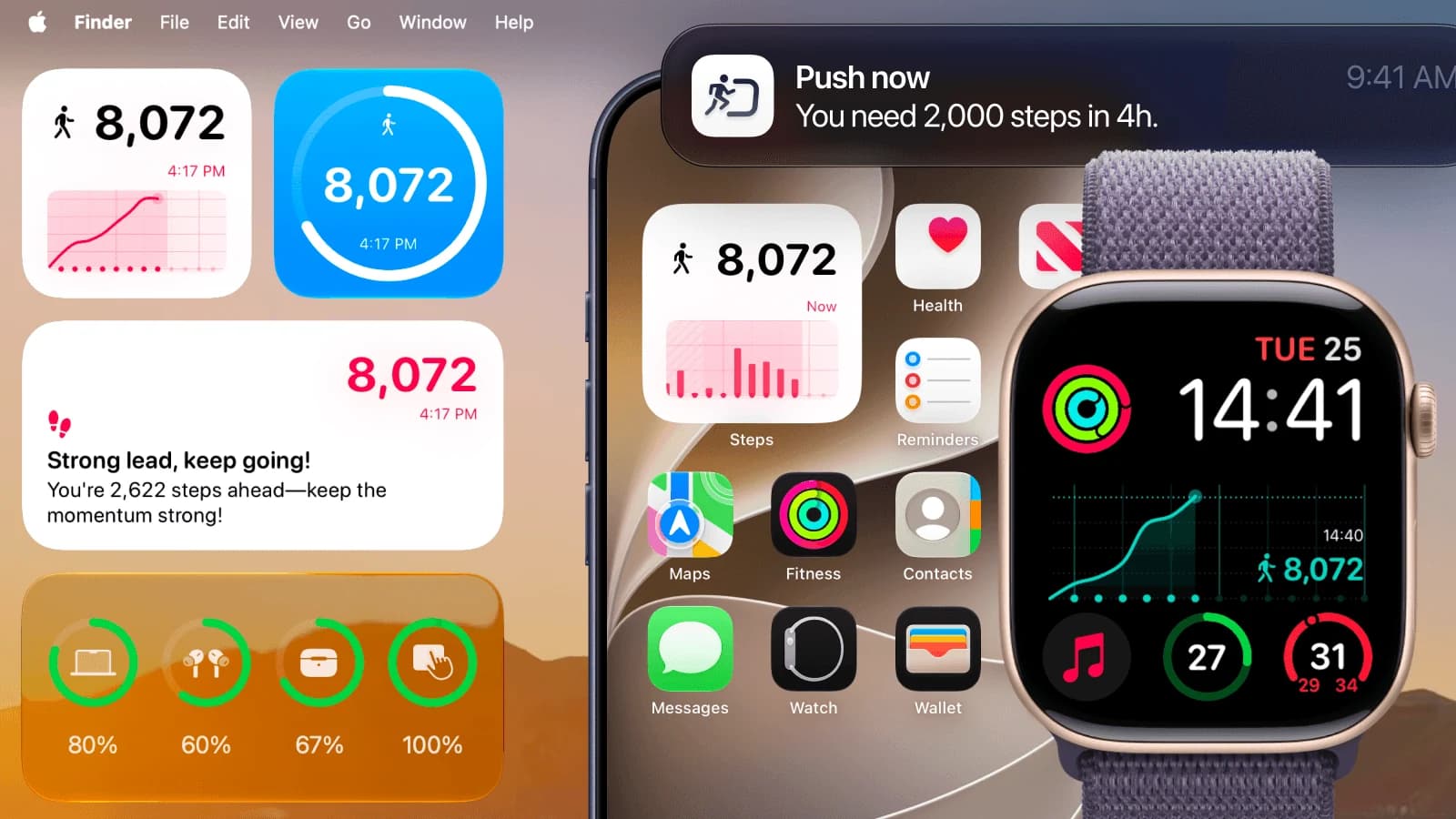 Steps Widget displayed across iPhone Home Screen, Lock Screen, StandBy, and Apple Watch