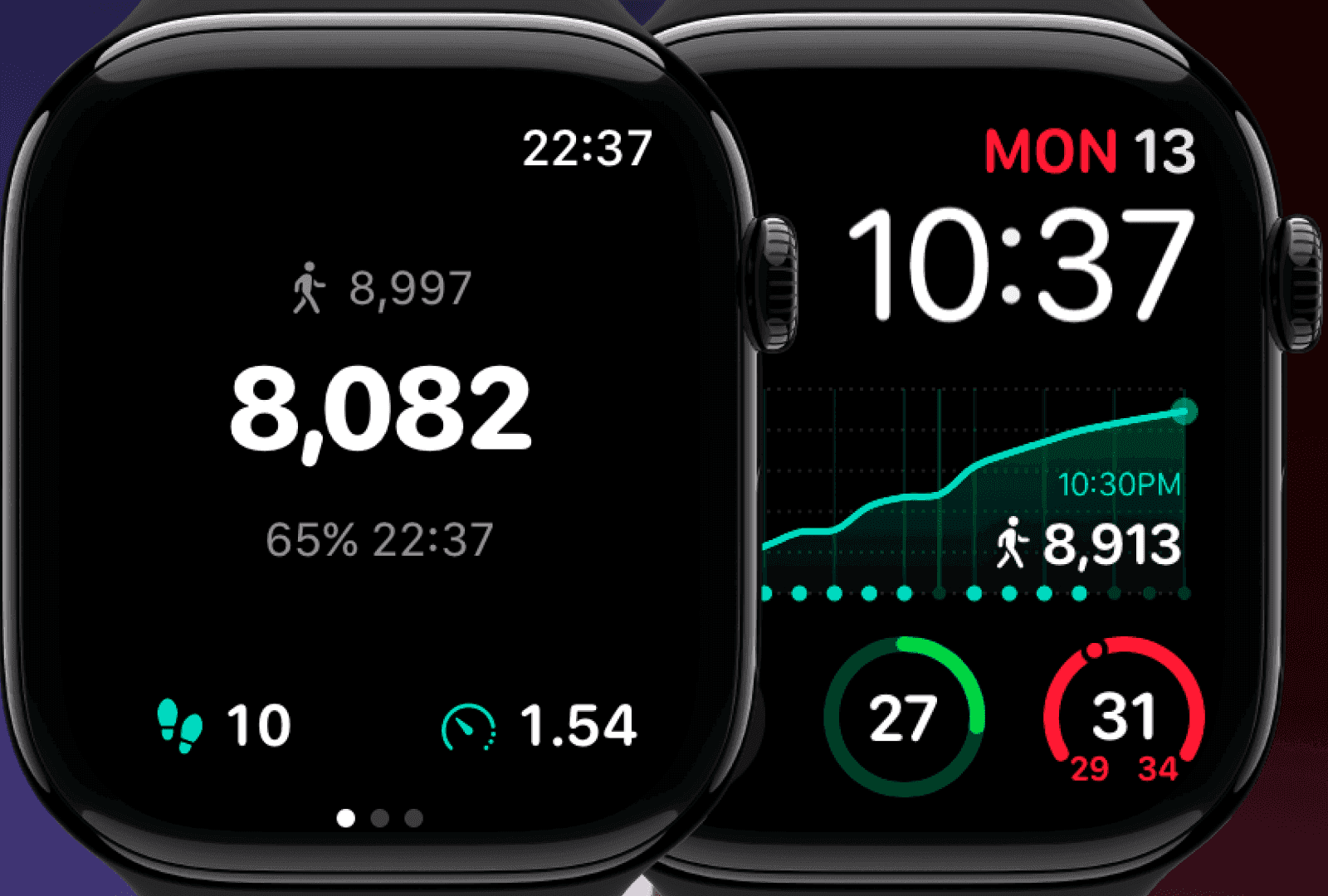 Two Apple Watch faces showing step complications: one reading 8,082 steps with distance and pace, the other a step graph complication at 8,913 steps