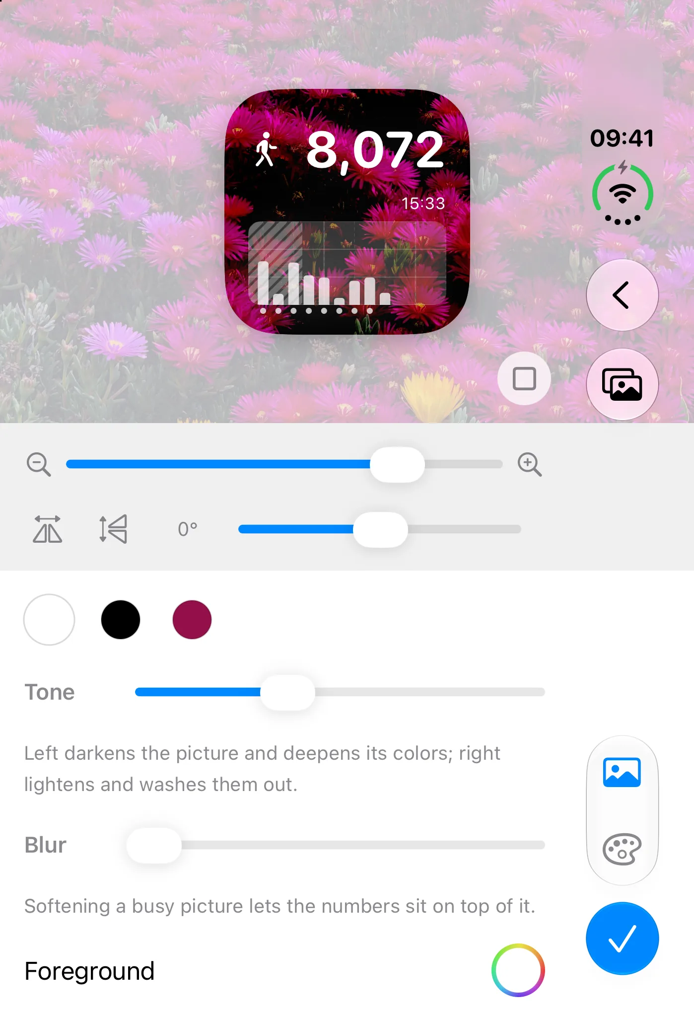 Photo style editor on the folded iPhone Duo, with its tabs in the vertical bar