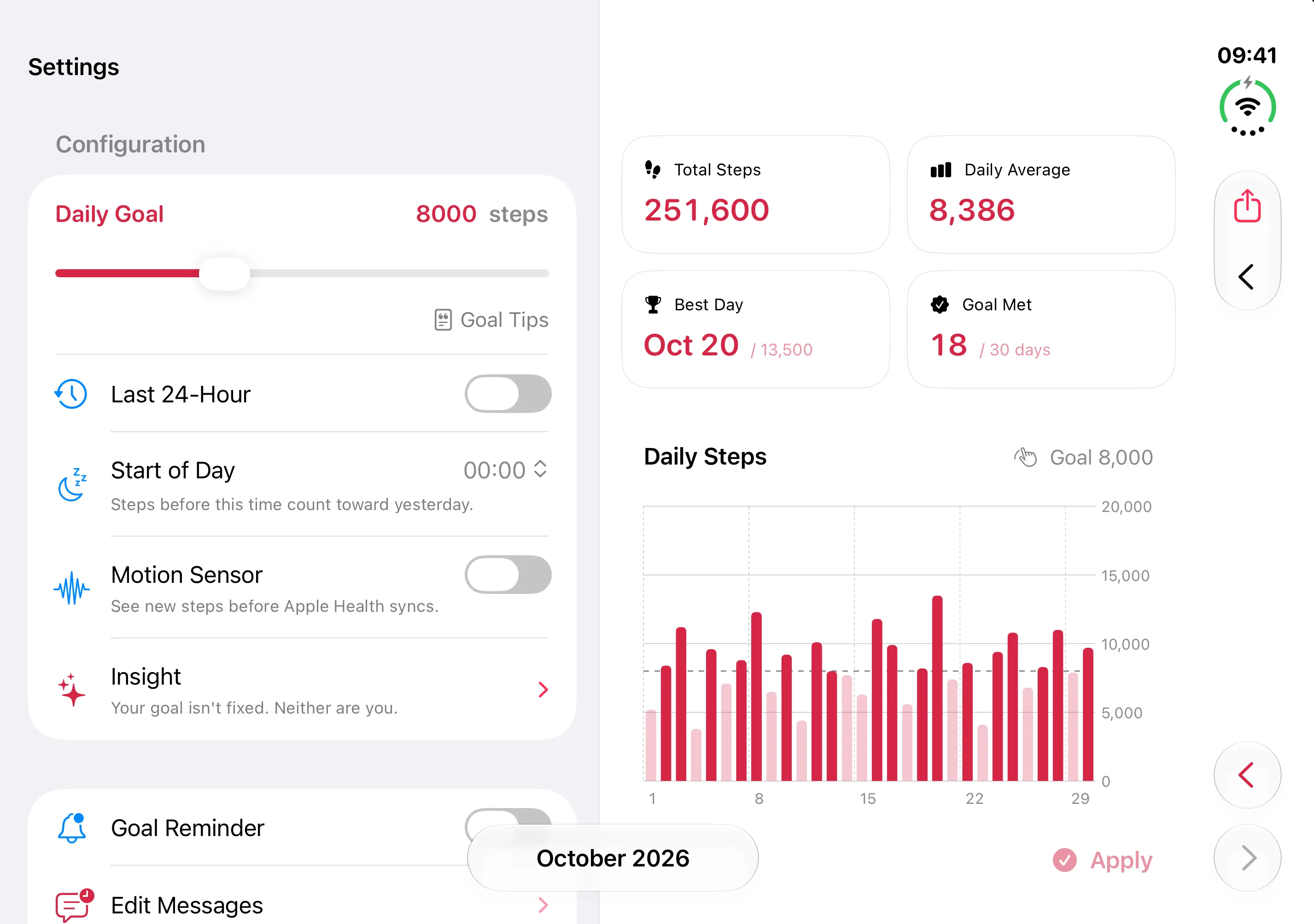 Settings on the left page of the open iPhone Duo and Insight on the right, with Insight's month selector at the bottom